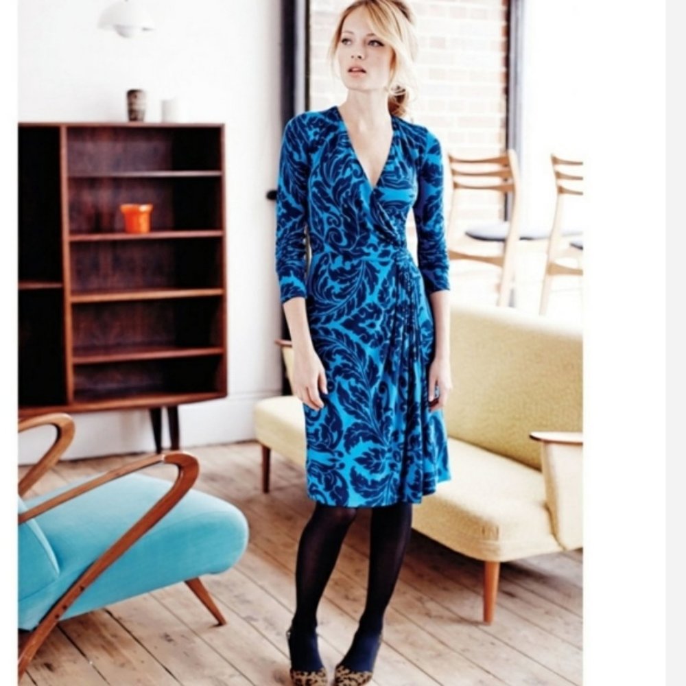Boden Henrietta Faux Wrap Blue Dress 6R